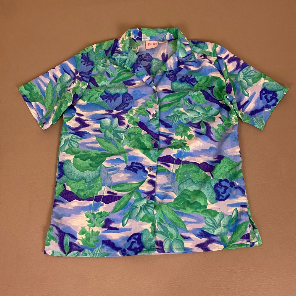 TanJay Vintage Floral Shirt Button Up Women's 10 Blue Green Short Sleeve Blouse